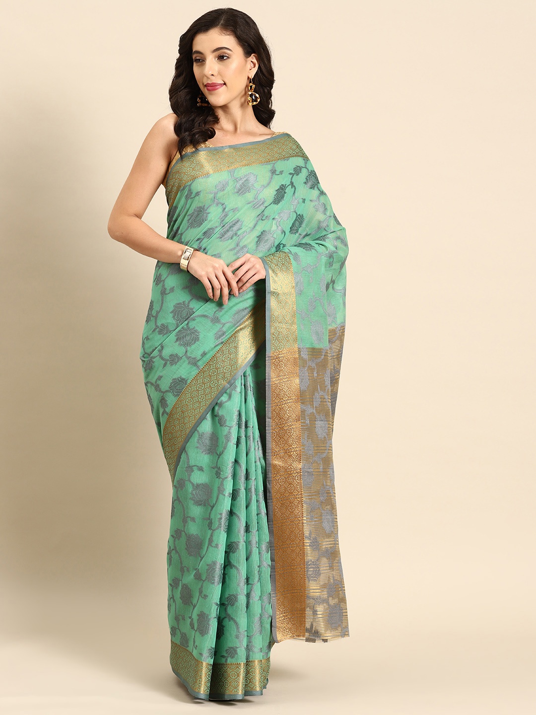 

all about you Floral Chanderi Saree, Green