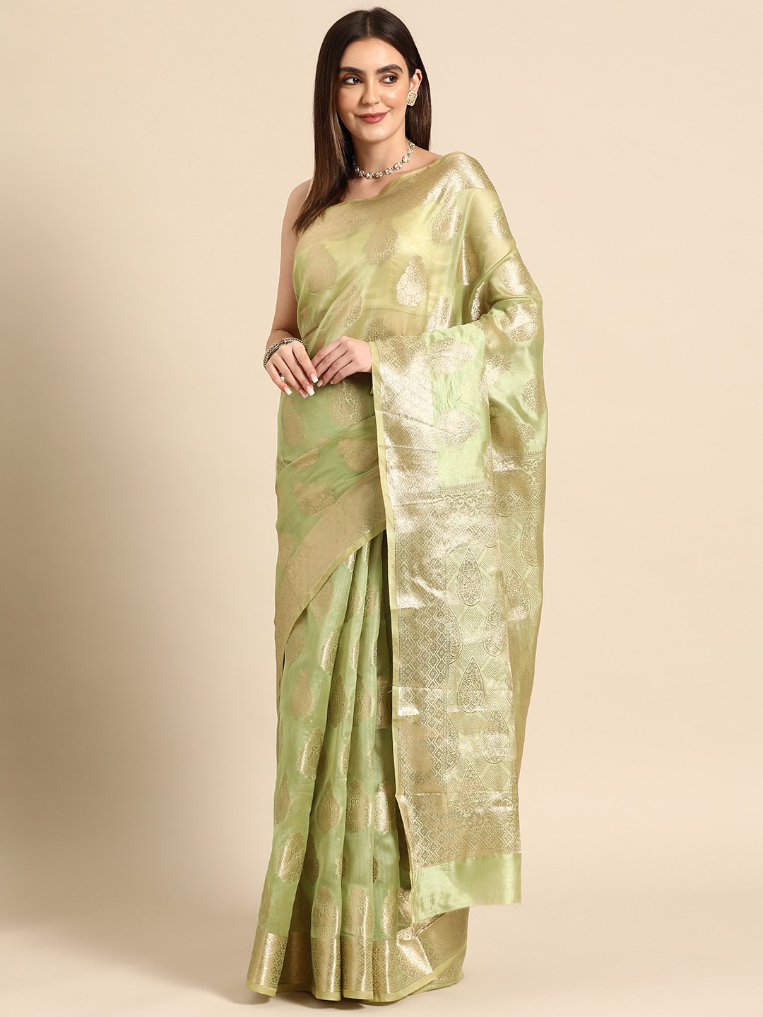 

all about you Ethnic Motifs Organza Banarasi Saree, Sea green