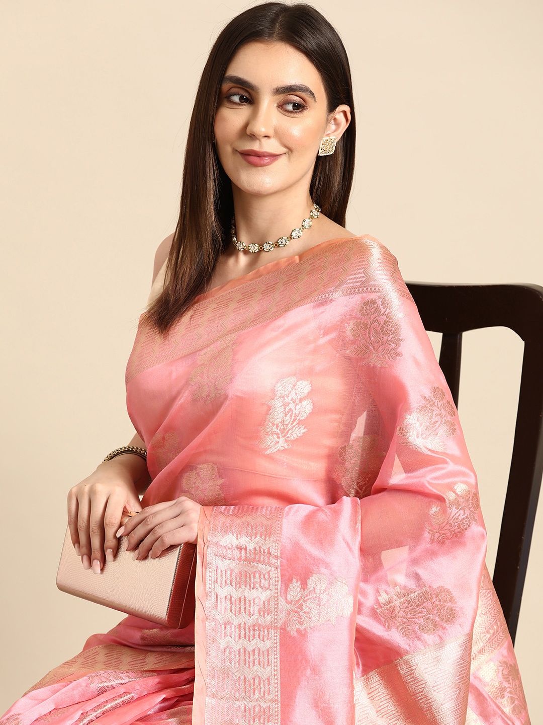

all about you Floral Organza Banarasi Saree, Pink