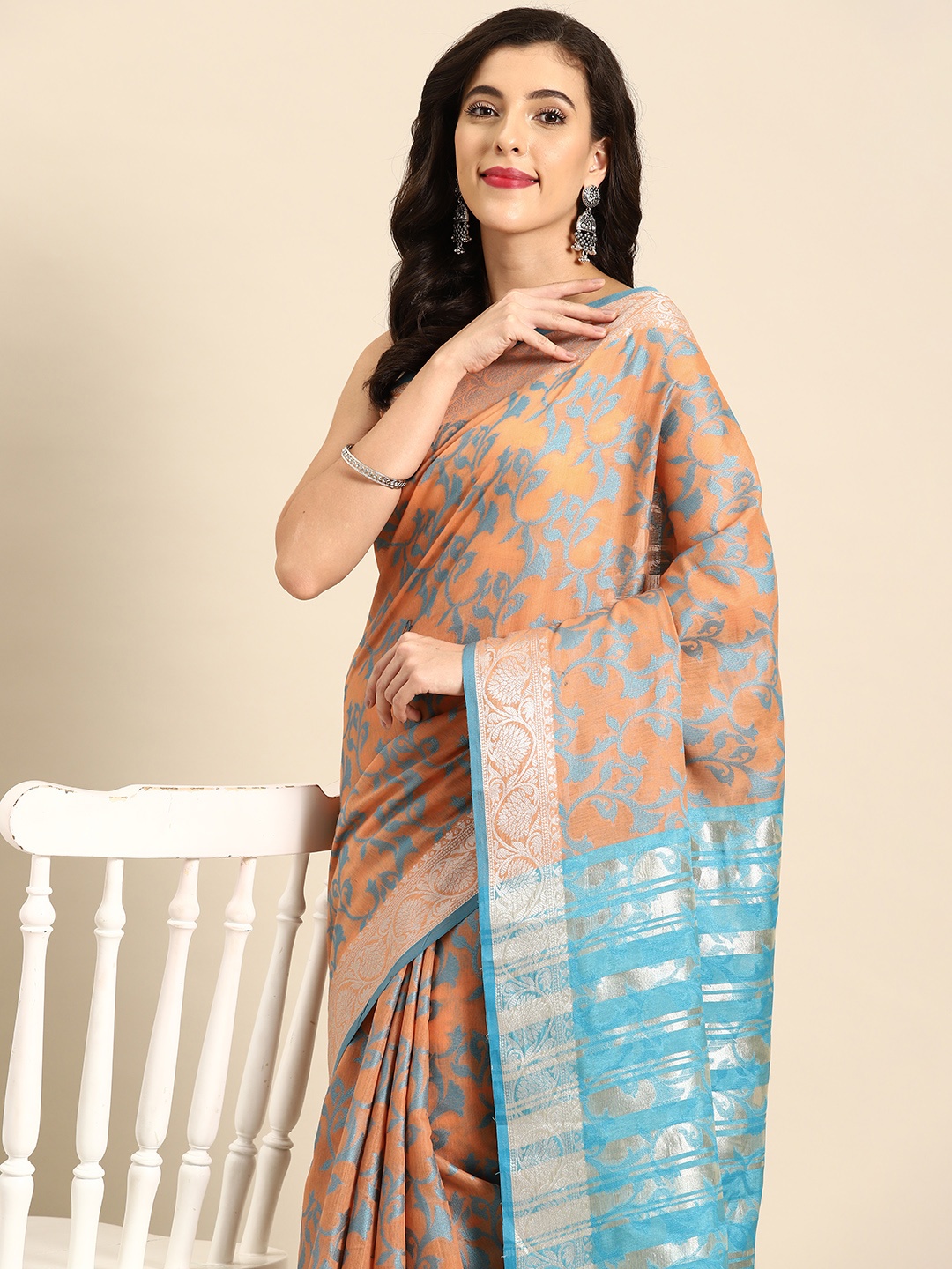 

all about you Ethnic Motifs Woven Design Chanderi Saree, Peach