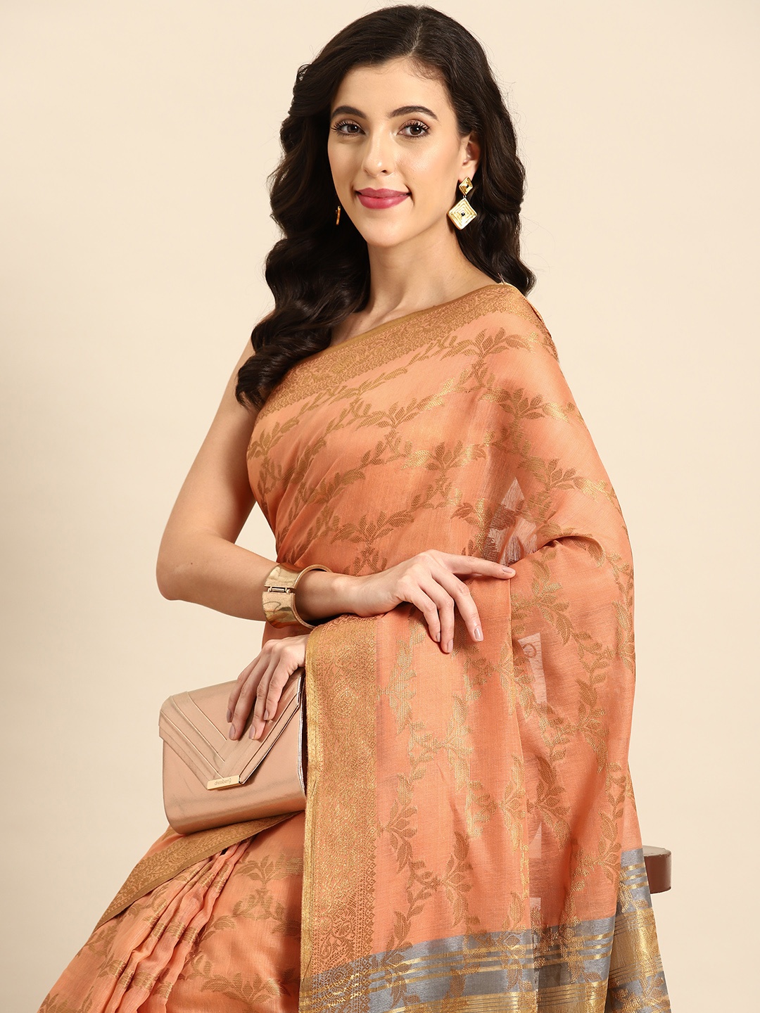 

all about you Ethnic Motifs Woven Design Chanderi Saree, Peach
