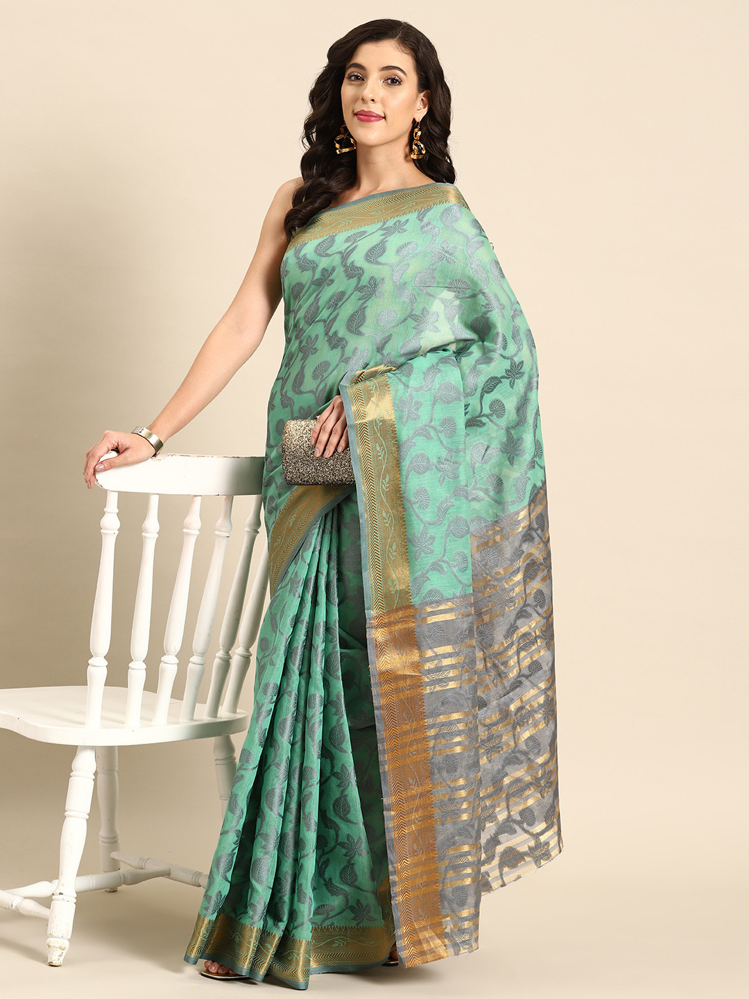 

all about you Ethnic Motifs Woven Design Chanderi Saree, Sea green