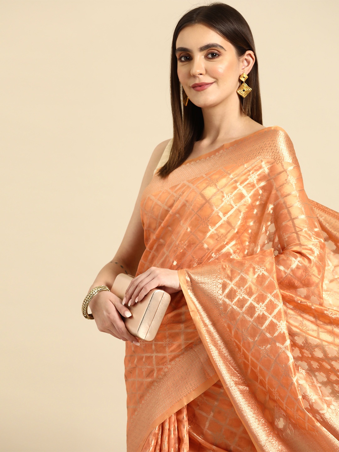 

all about you Zari Organza Banarasi Saree, Peach