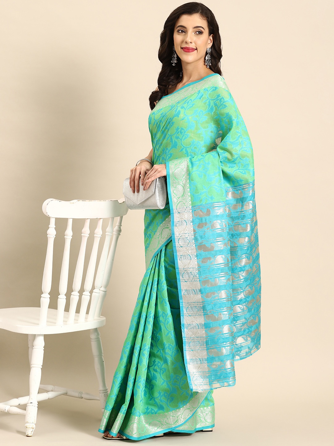 

all about you Ethnic Motifs Chanderi Saree, Sea green