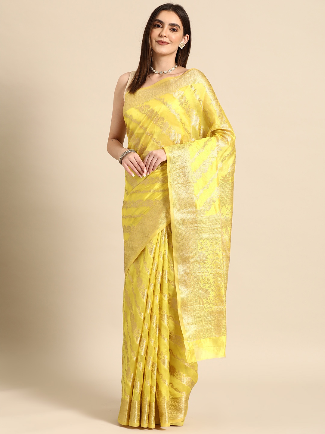 

all about you Floral Zari Organza Banarasi Saree, Yellow