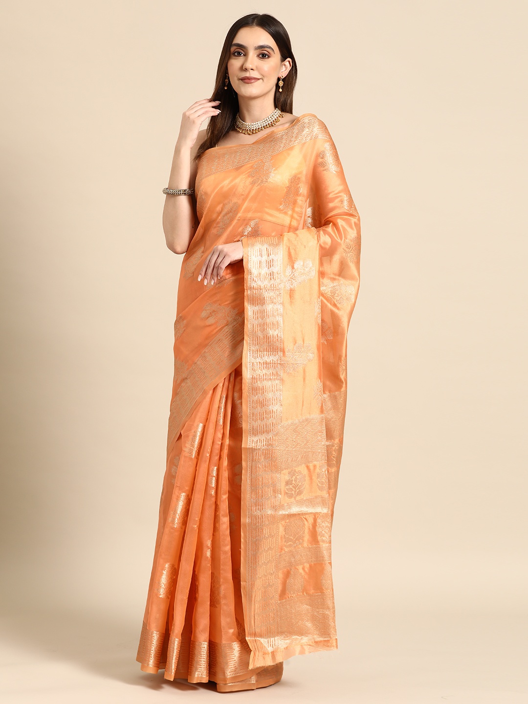 

all about you Floral Zari Organza Banarasi Saree, Orange