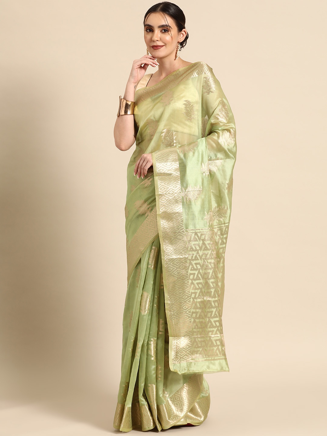 

all about you Ethnic Motifs Zari Organza Banarasi Saree, Sea green