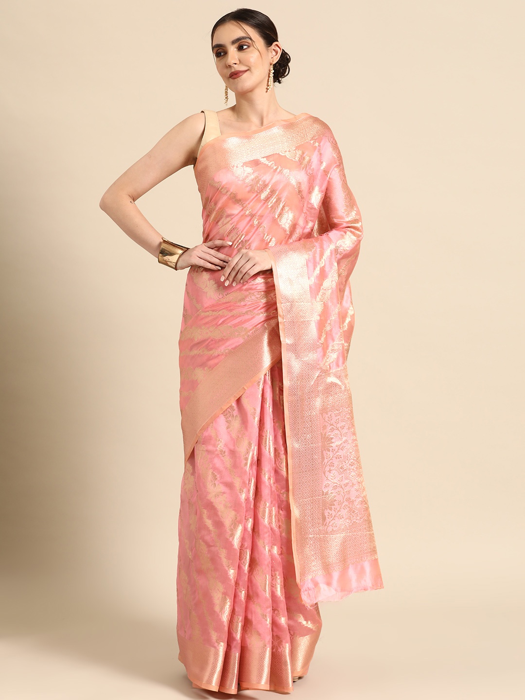 

all about you Floral Zari Organza Banarasi Saree, Pink