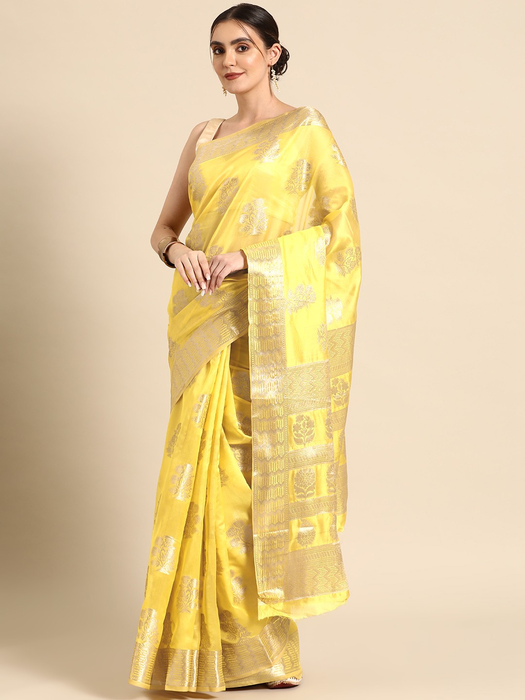 

all about you Floral Zari Organza Banarasi Saree, Yellow