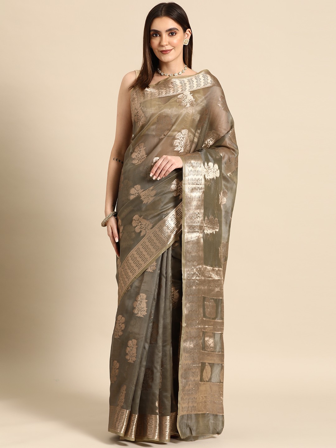 

all about you Floral Organza Banarasi Saree, Grey