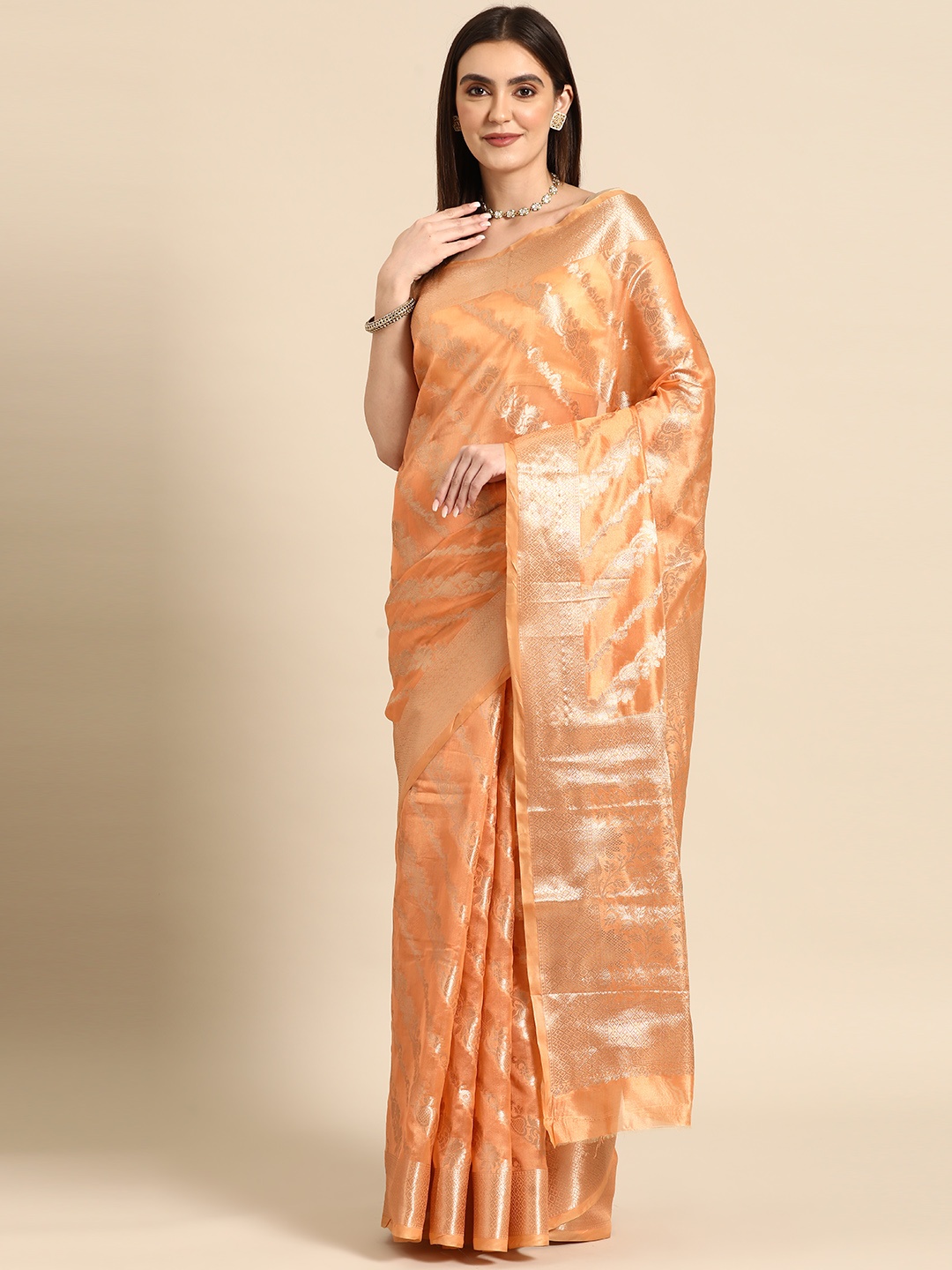 

all about you Floral Organza Banarasi Saree, Orange