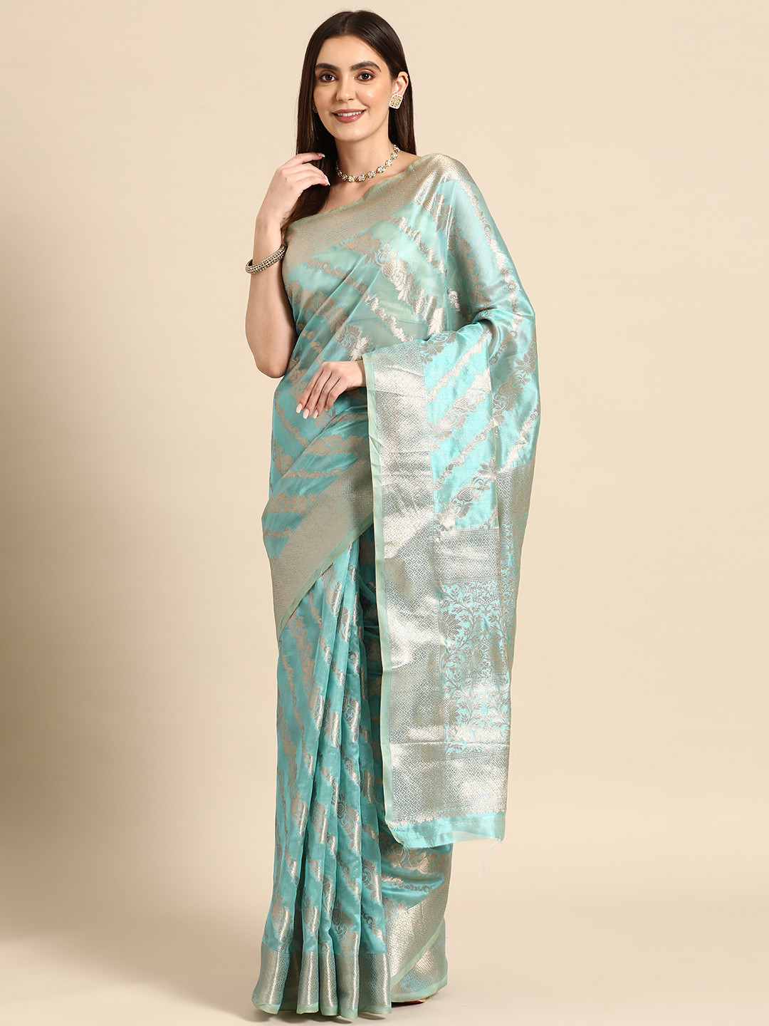 

all about you Floral Organza Banarasi Saree, Turquoise blue