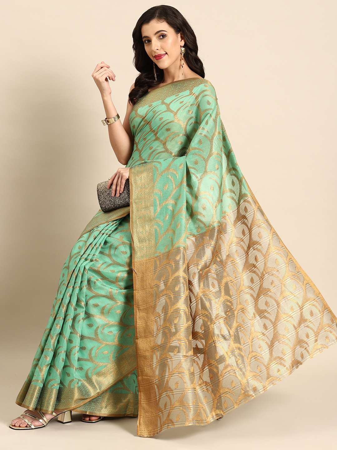 

all about you Woven Design Chanderi Saree, Green