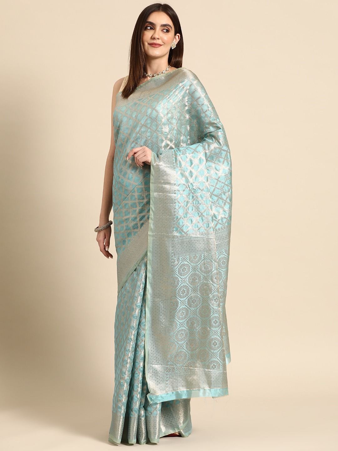 

all about you Checked Organza Banarasi Saree, Turquoise blue