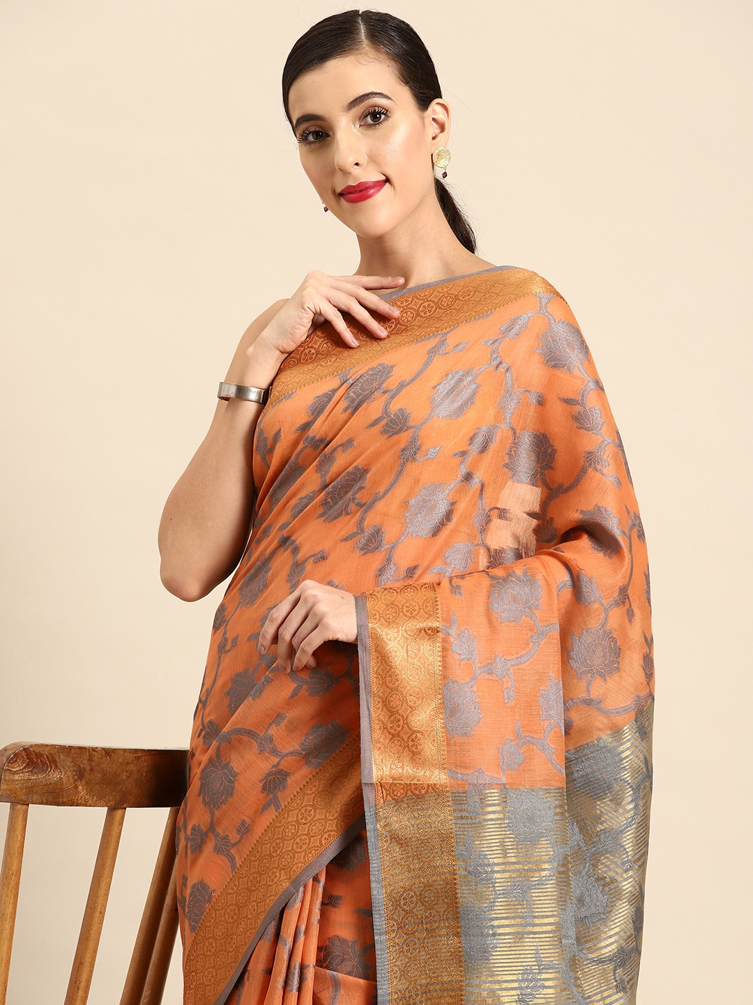 

all about you Ethnic Motifs Woven Design Chanderi Saree, Peach