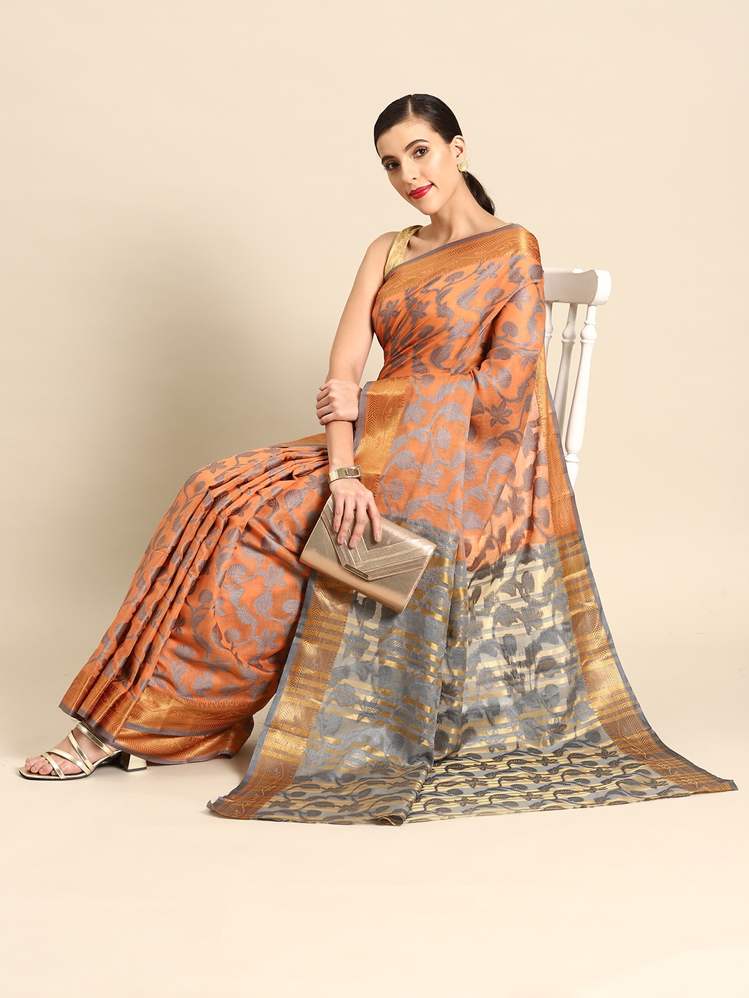 

all about you Ethnic Motifs Woven Design Chanderi Saree, Peach