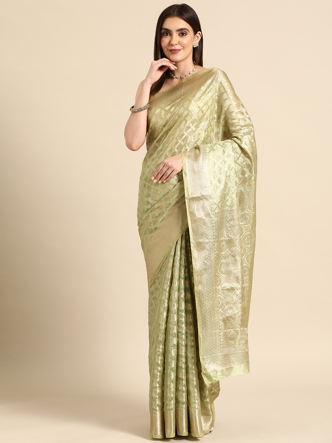 

all about you Checked Organza Banarasi Saree, Green