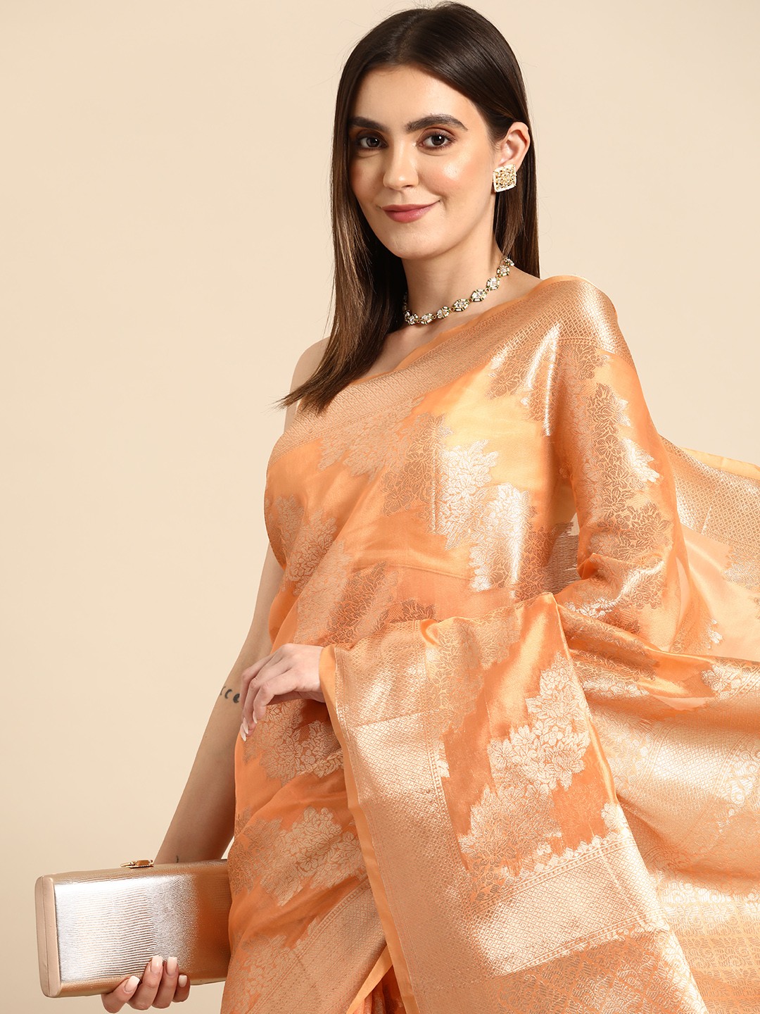 

all about you Floral Organza Banarasi Saree, Orange