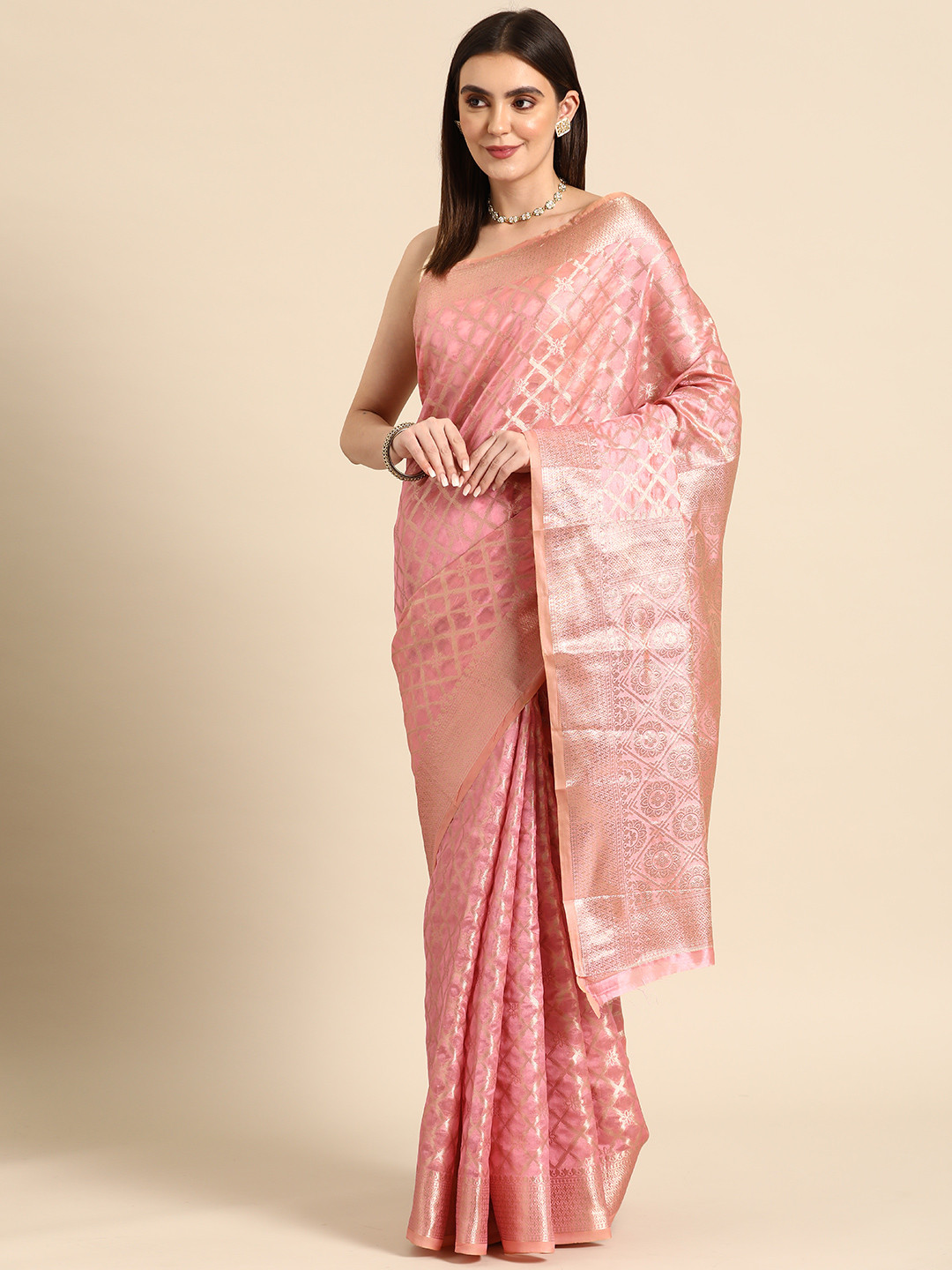 

all about you Checked Organza Banarasi Saree, Pink