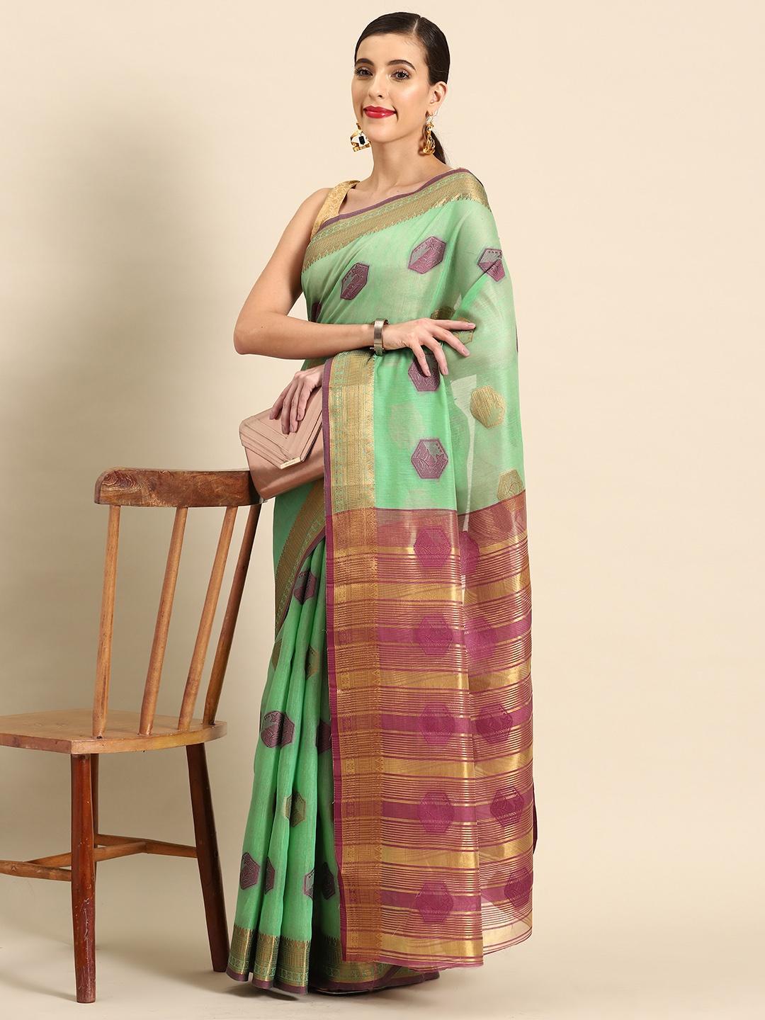 

all about you Woven Design Chanderi Saree, Sea green