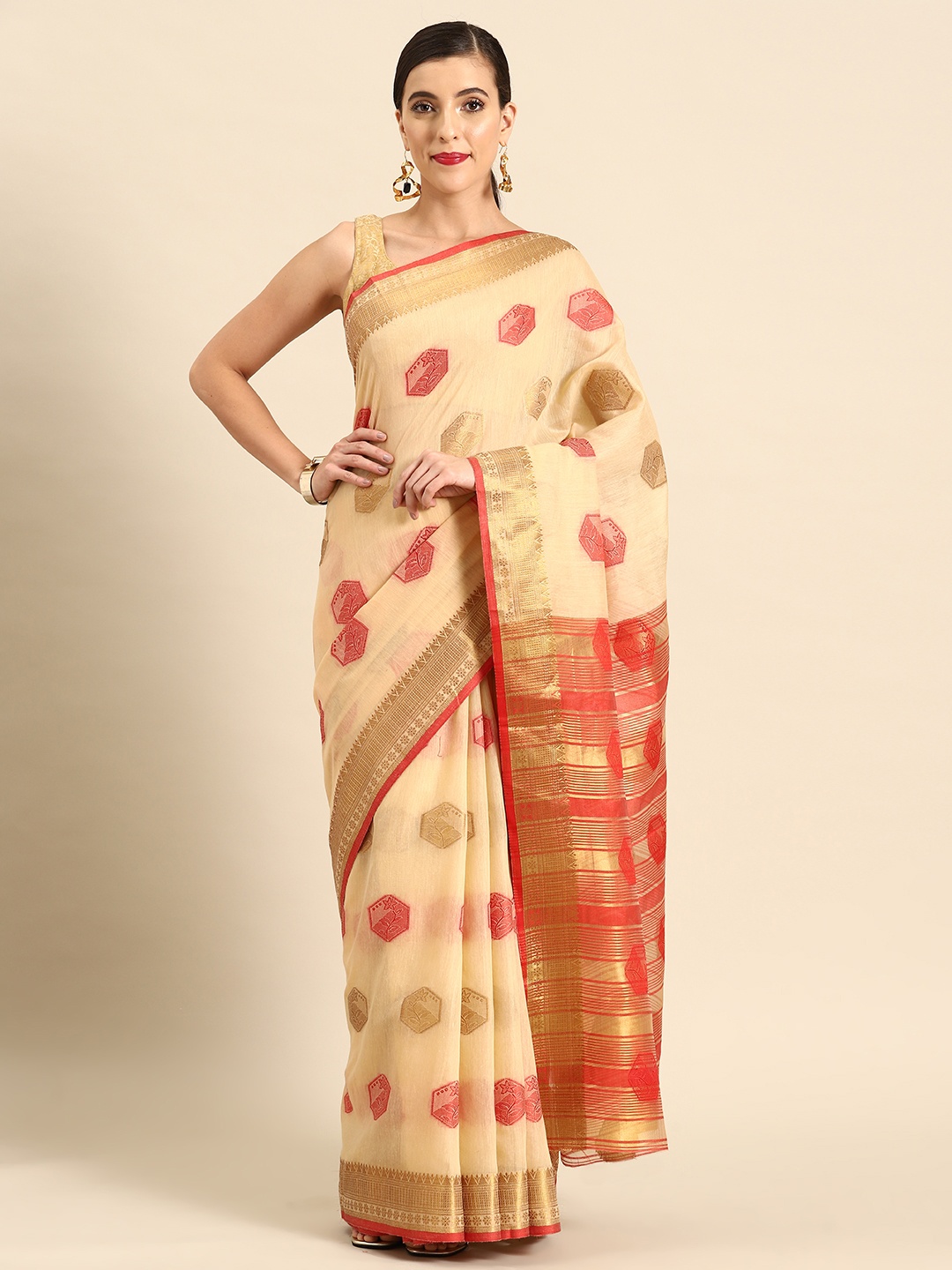 

all about you Woven Design Chanderi Saree, Beige