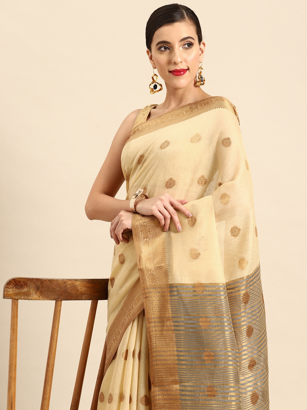 

all about you Ethnic Motifs Zari Chanderi Saree, Beige