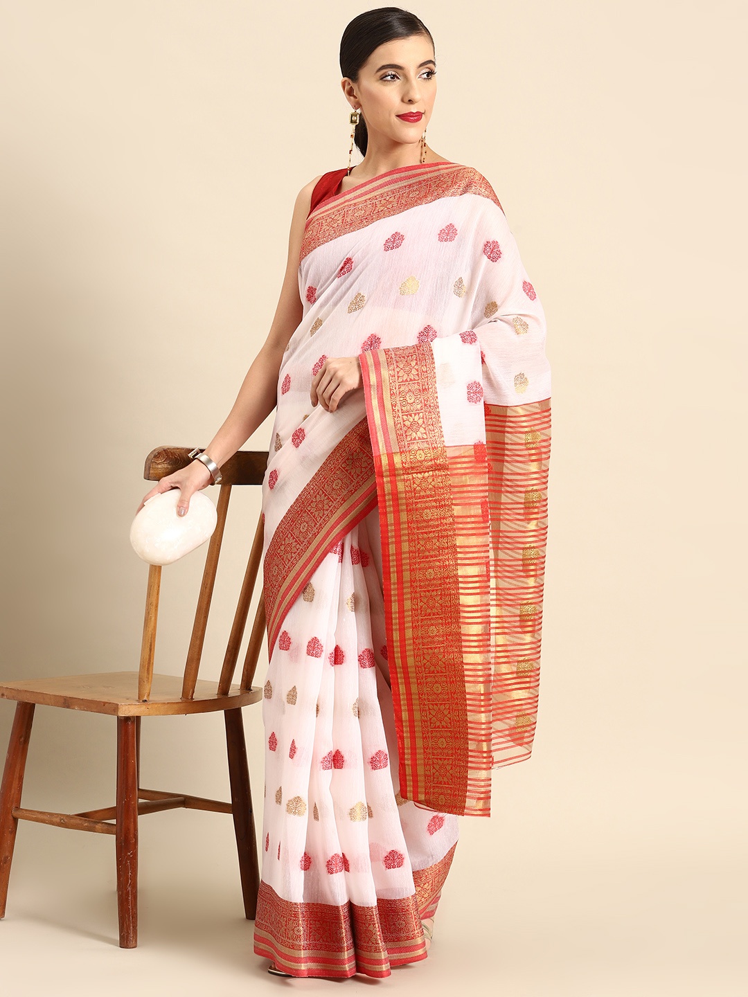 

all about you Ethnic Motifs Woven Design Chanderi Saree, White