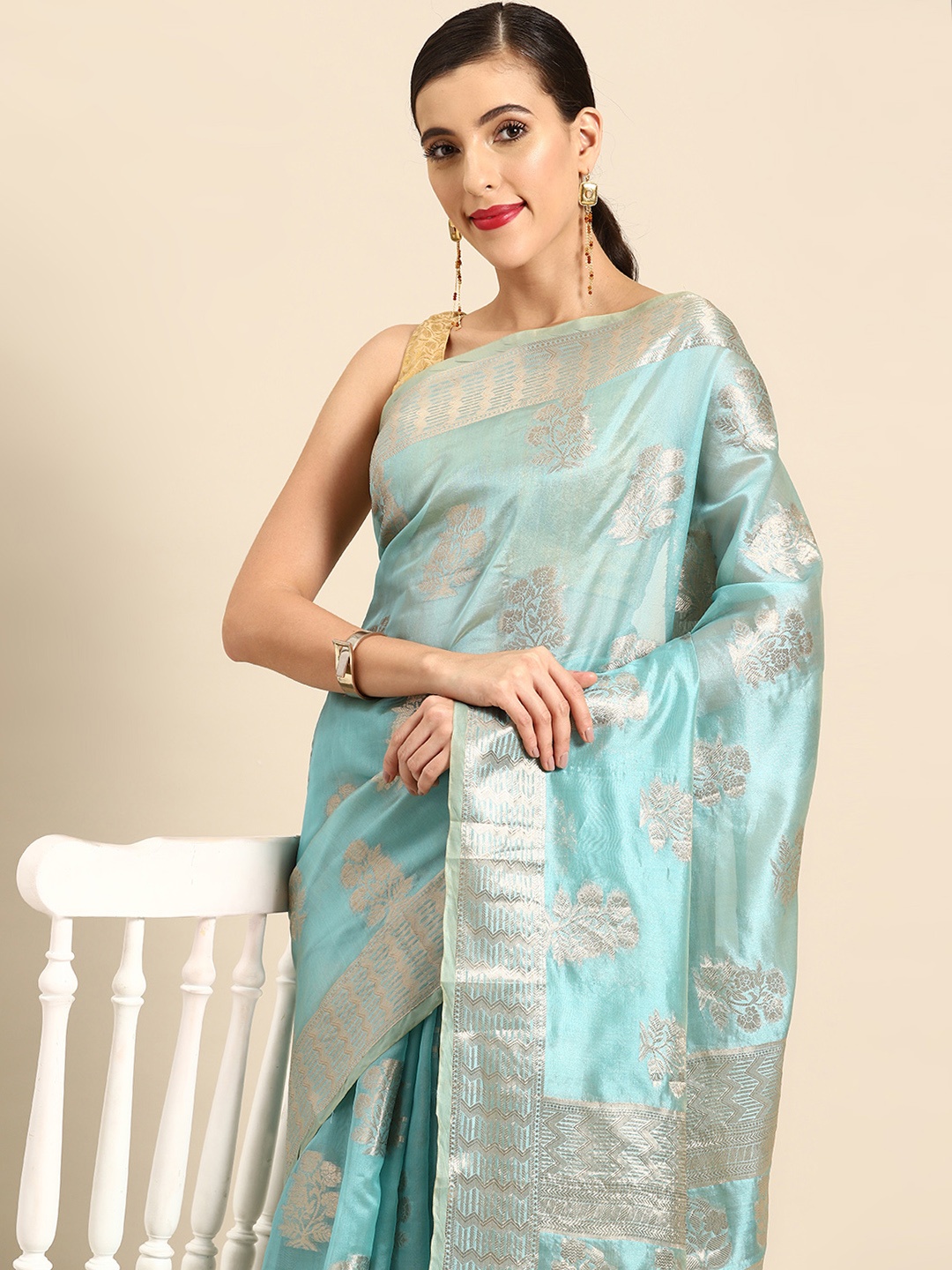 

all about you Floral Organza Banarasi Saree, Turquoise blue