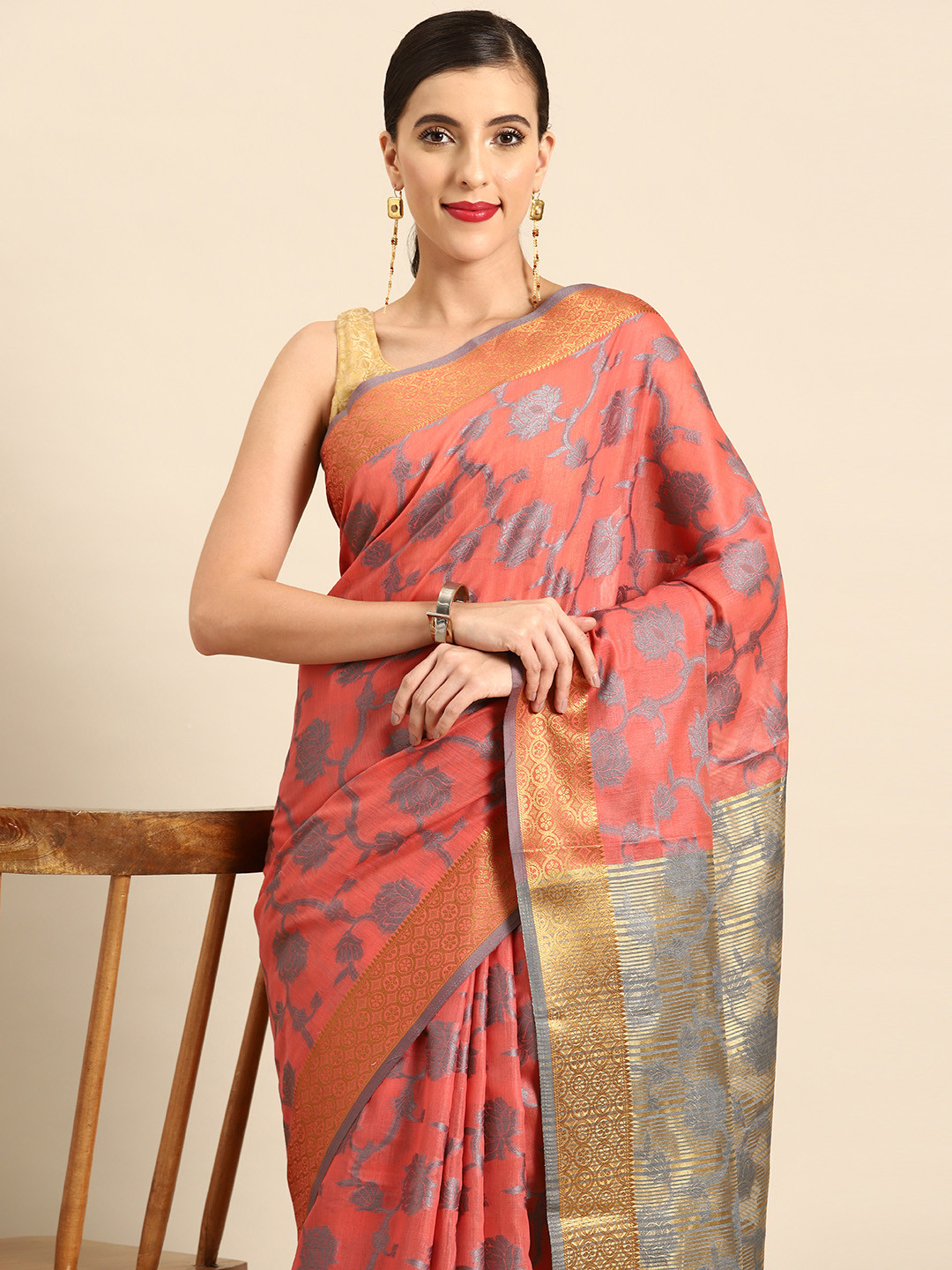 

all about you Ethnic Motifs Woven Design Chanderi Saree, Pink