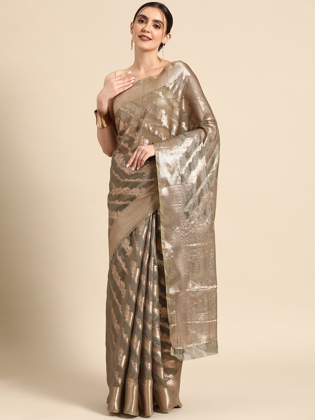 

all about you Floral Zari Organza Banarasi Saree, Grey