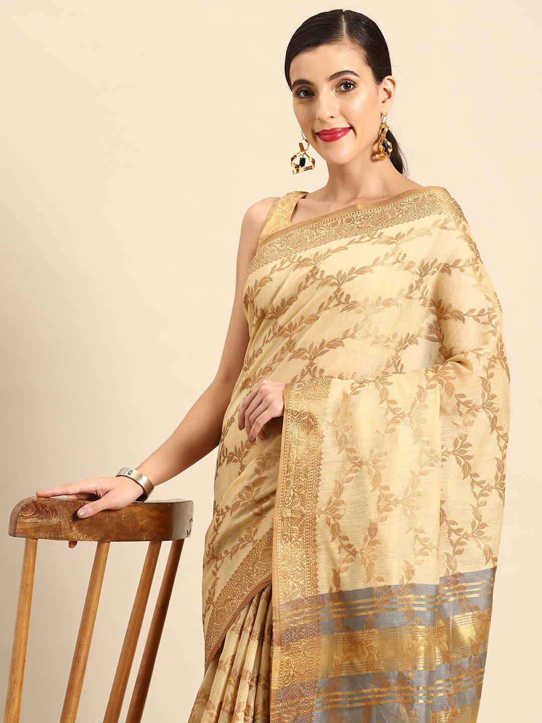 

all about you Ethnic Motifs Woven Design Chanderi Saree, Khaki