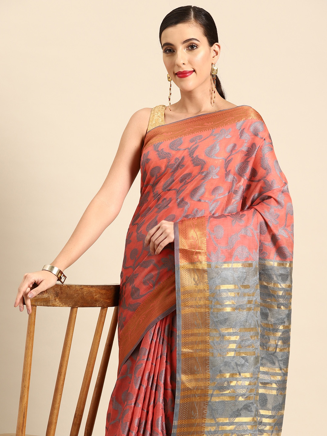 

all about you Ethnic Motifs Woven Design Chanderi Saree, Pink