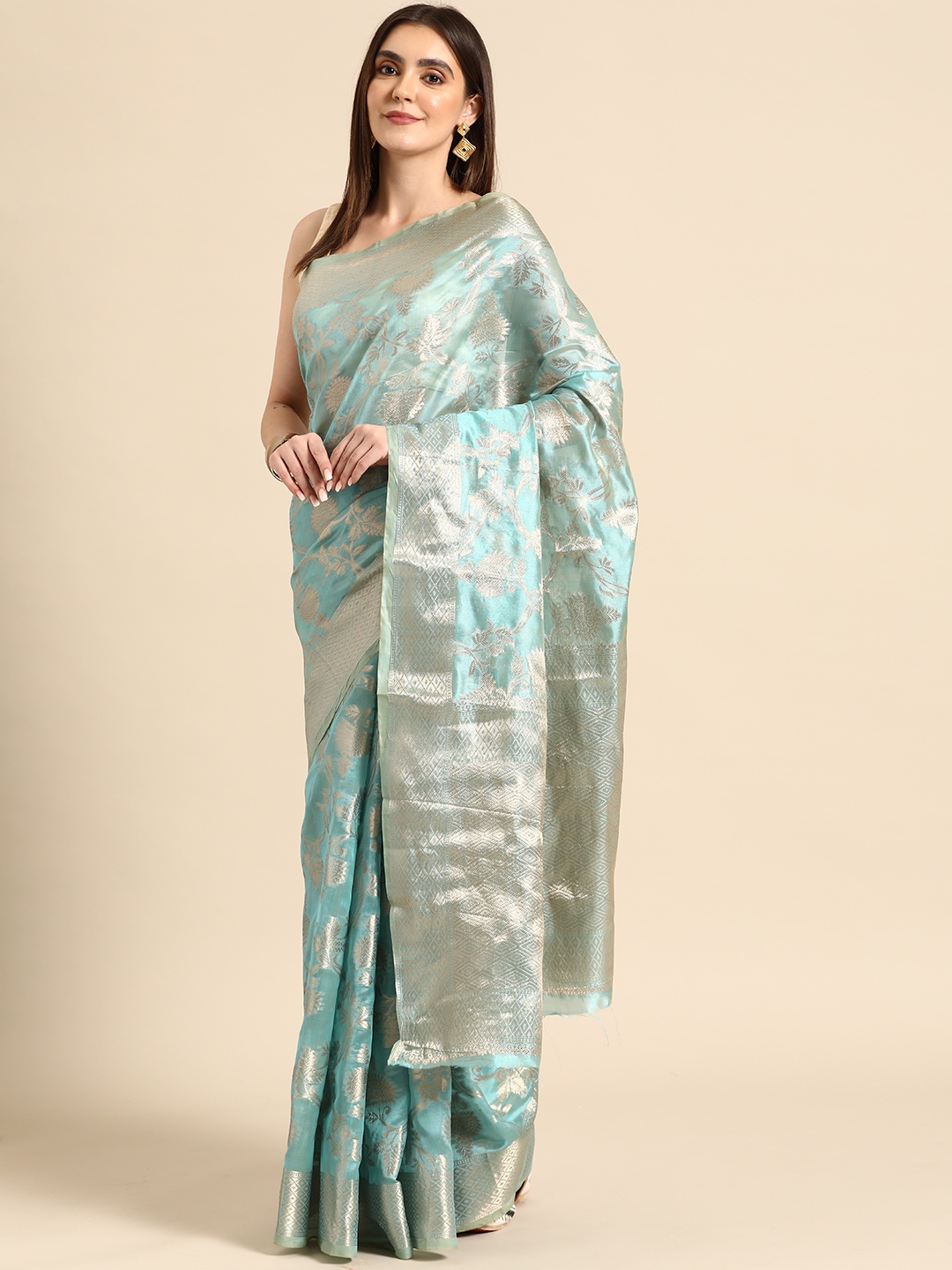 

all about you Floral Organza Banarasi Saree, Turquoise blue