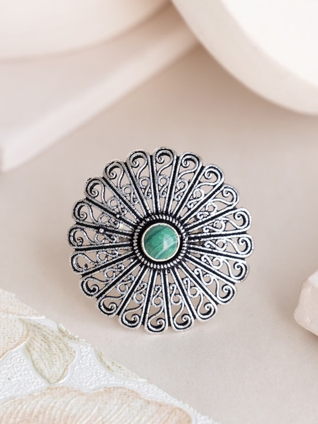

Infuzze Silver-Plated & Stone-Studded Oxidised Finger Ring