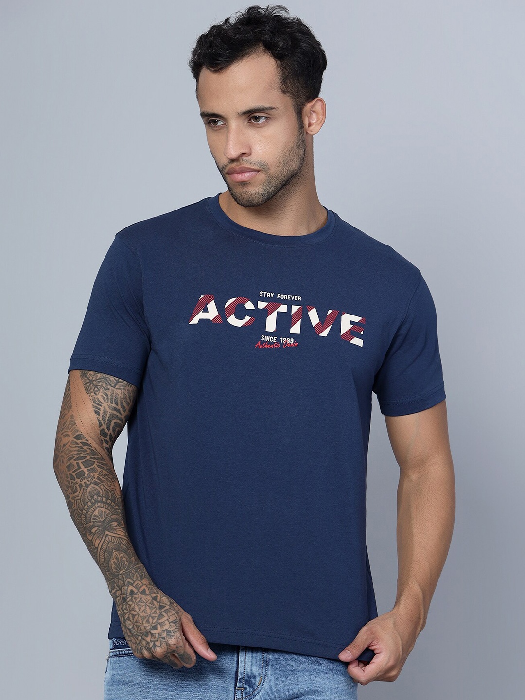 

Cantabil Men Typography Printed Regular Fit Cotton T-shirt, Blue