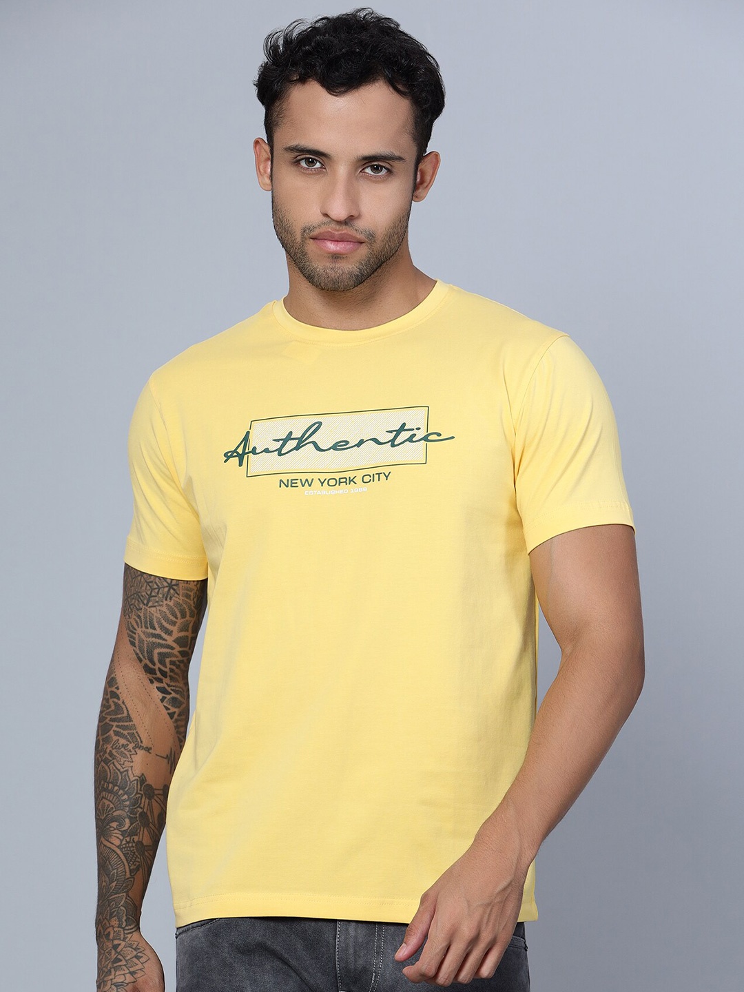 

Cantabil Men Typography Printed Cotton T-shirt, Yellow