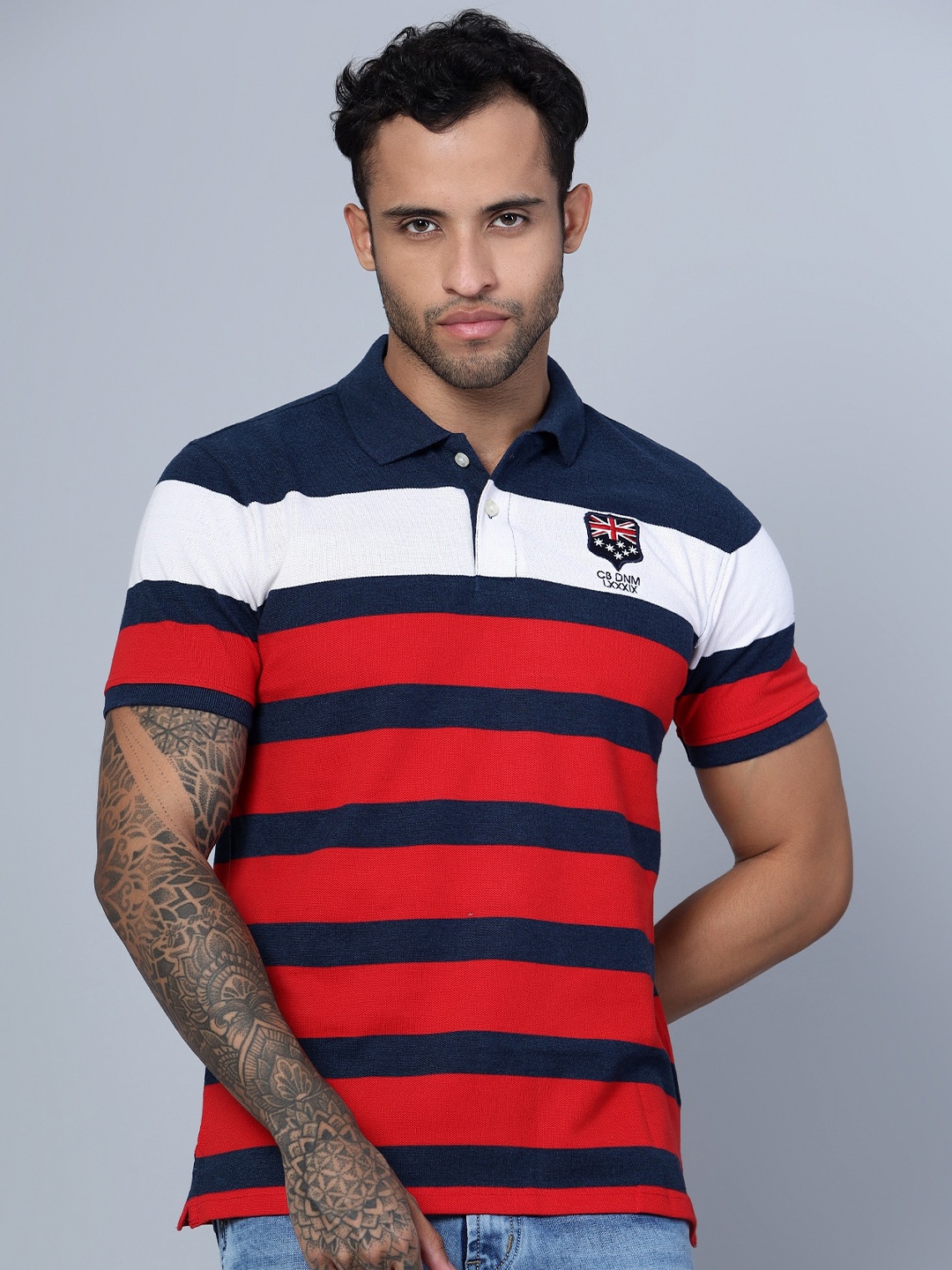 

Cantabil Men Striped Polo Collar Applique T-shirt, Navy blue