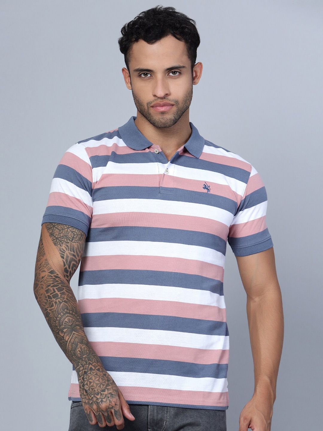 

Cantabil Striped Polo Collar Regular Fit T-shirt, Grey