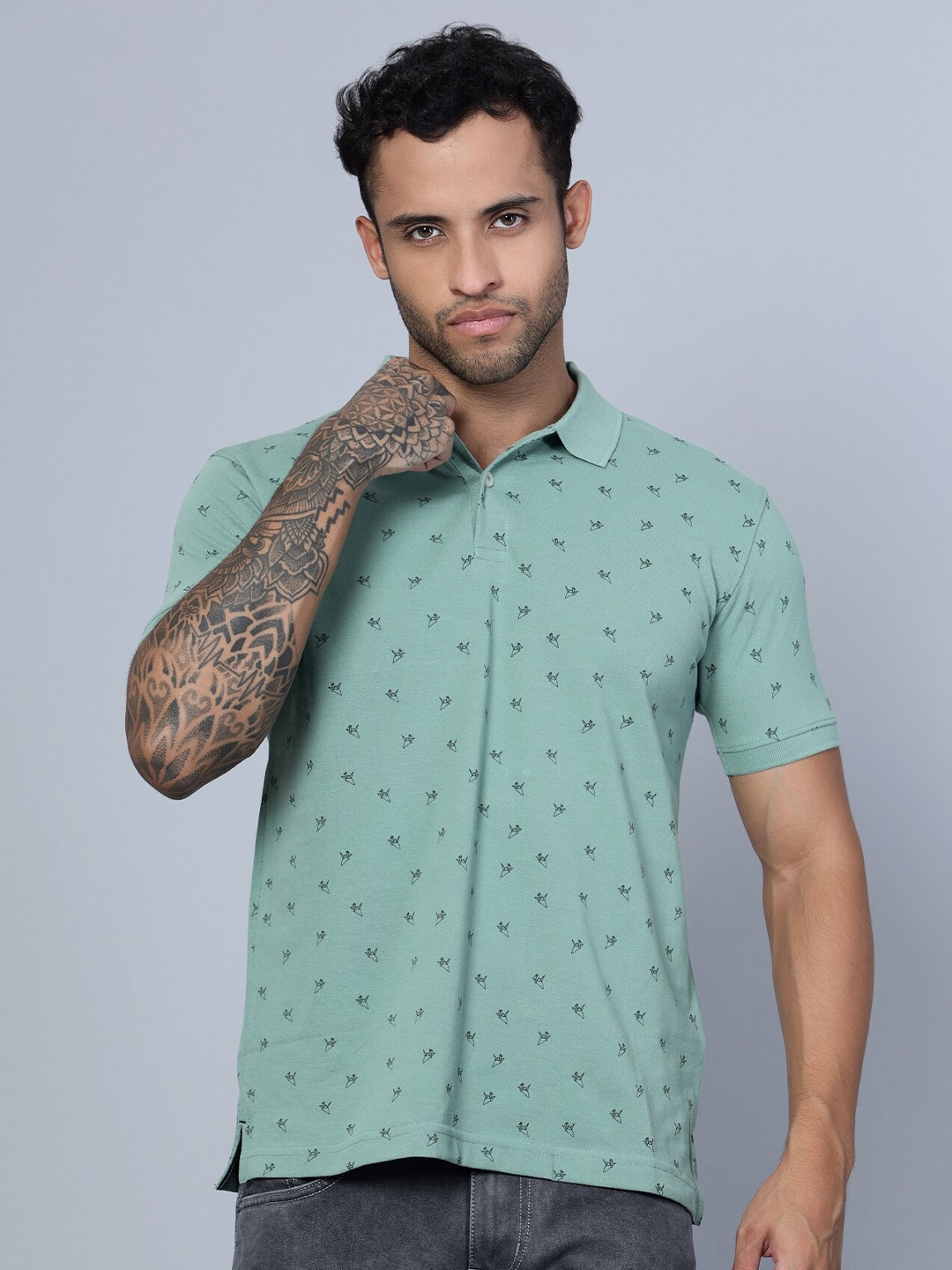 

Cantabil Conversational Printed Polo Collar T-shirt, Green