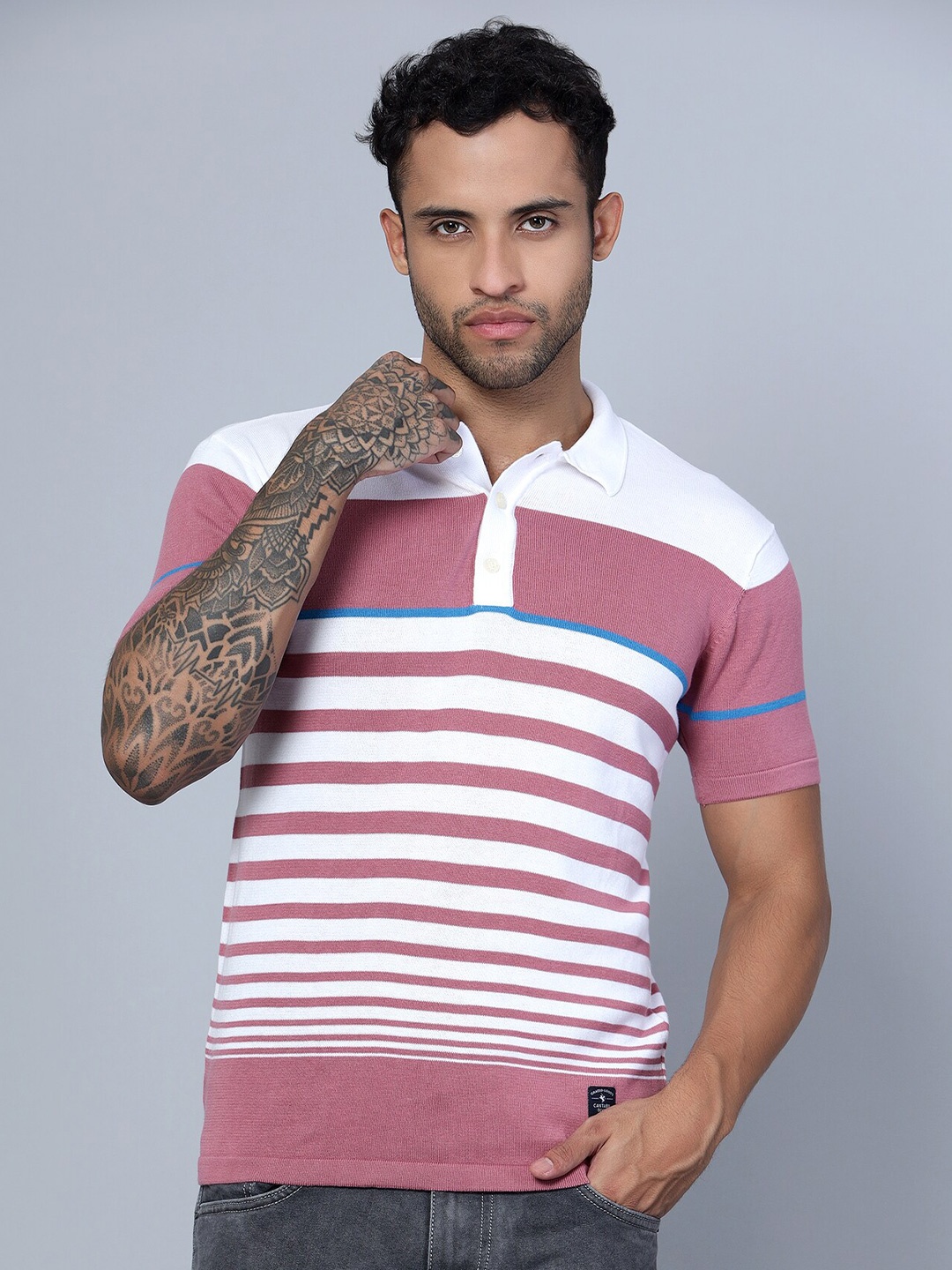 

Cantabil Striped Polo Collar Pure Cotton T-shirt, White