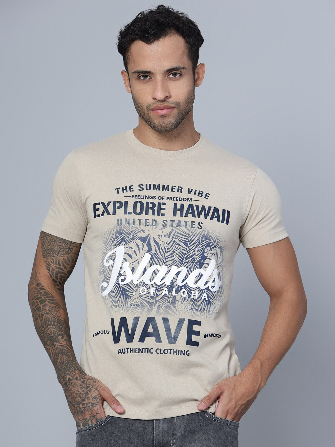 

Cantabil Men Typography Printed Regular Fit T-shirt, Beige