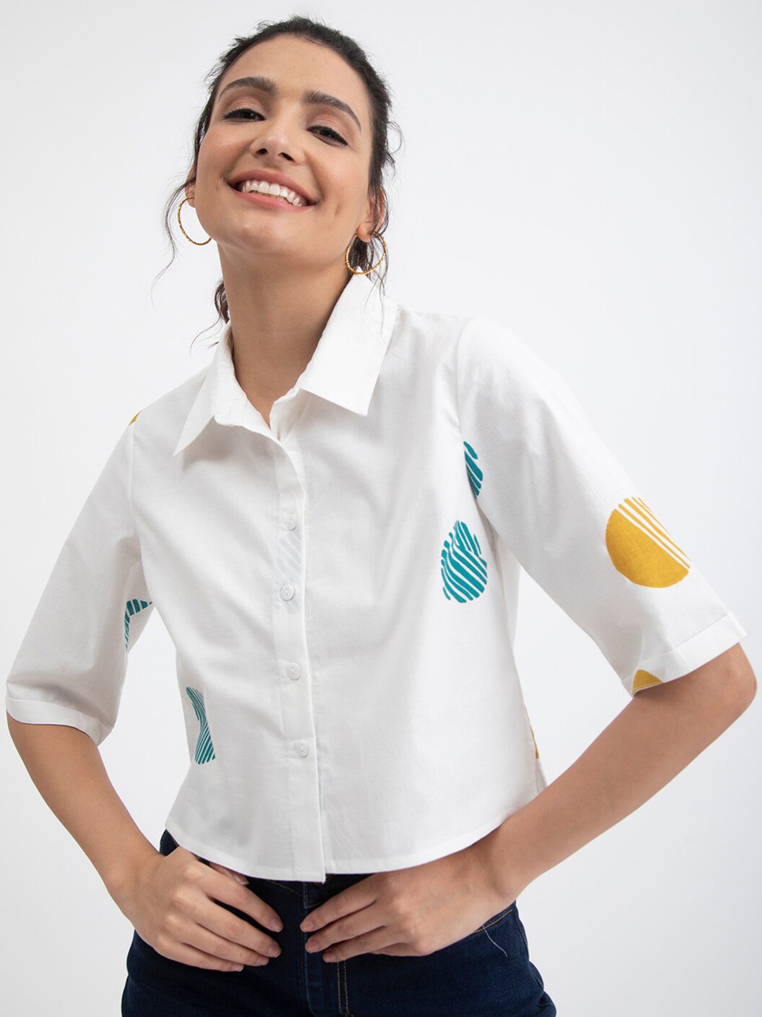 

Pink Fort Geometric Printed Shirt Style Pure Cotton Top, White