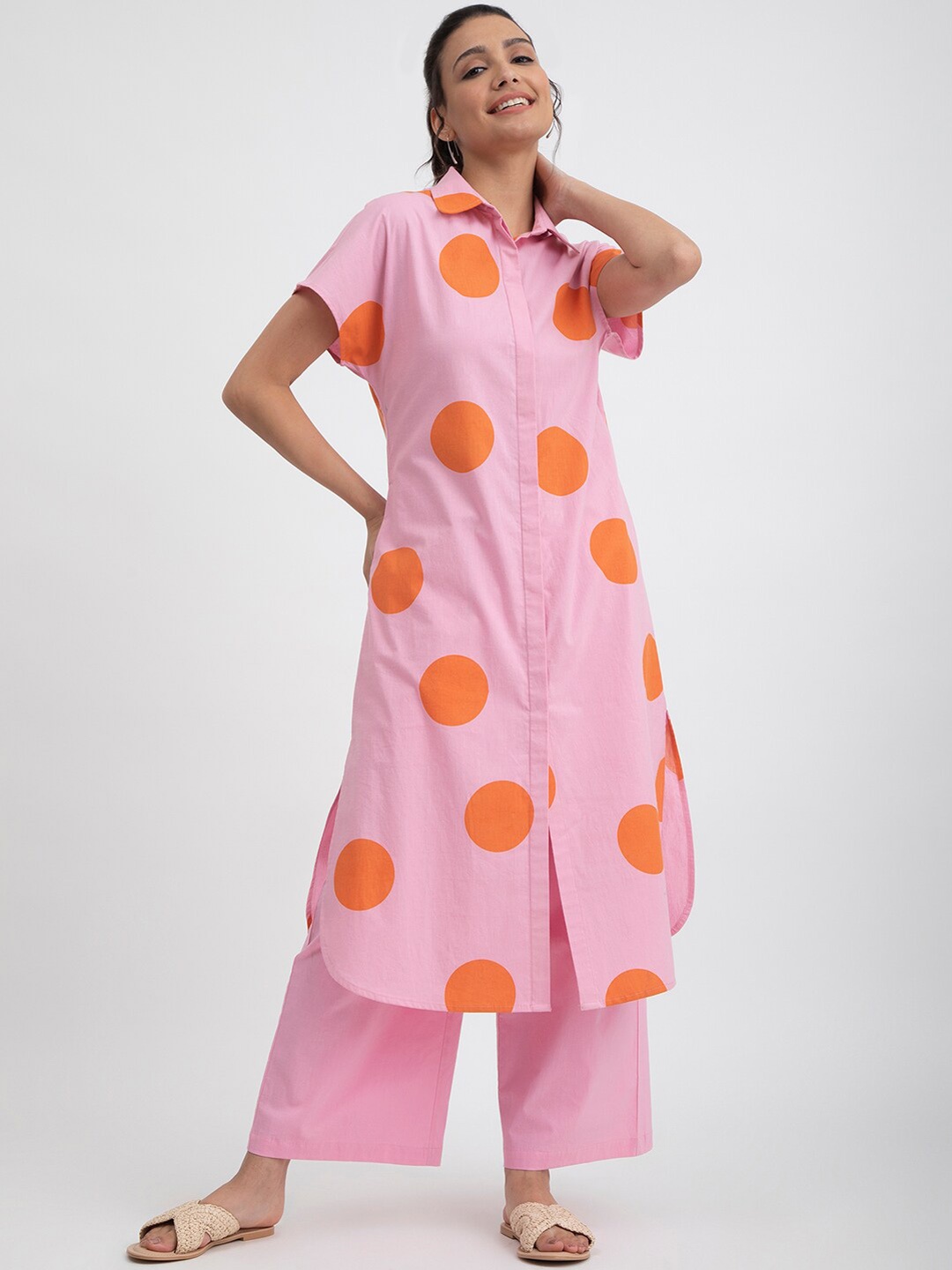 

Pink Fort Shirt Collar Polka Dots Printed Pure Cotton Kurta with Palazzos