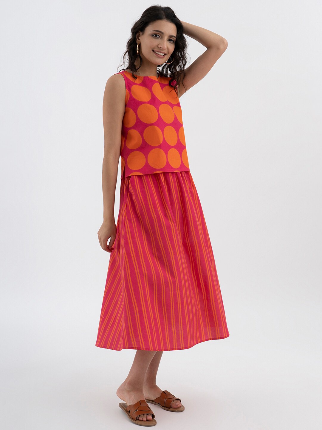 

Pink Fort Polka Dots Printed Pure Cotton Top With Skirt