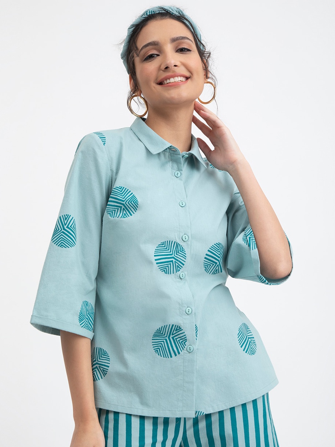 

Pink Fort Geometric Printed Shirt Style Pure Cotton Top, Blue