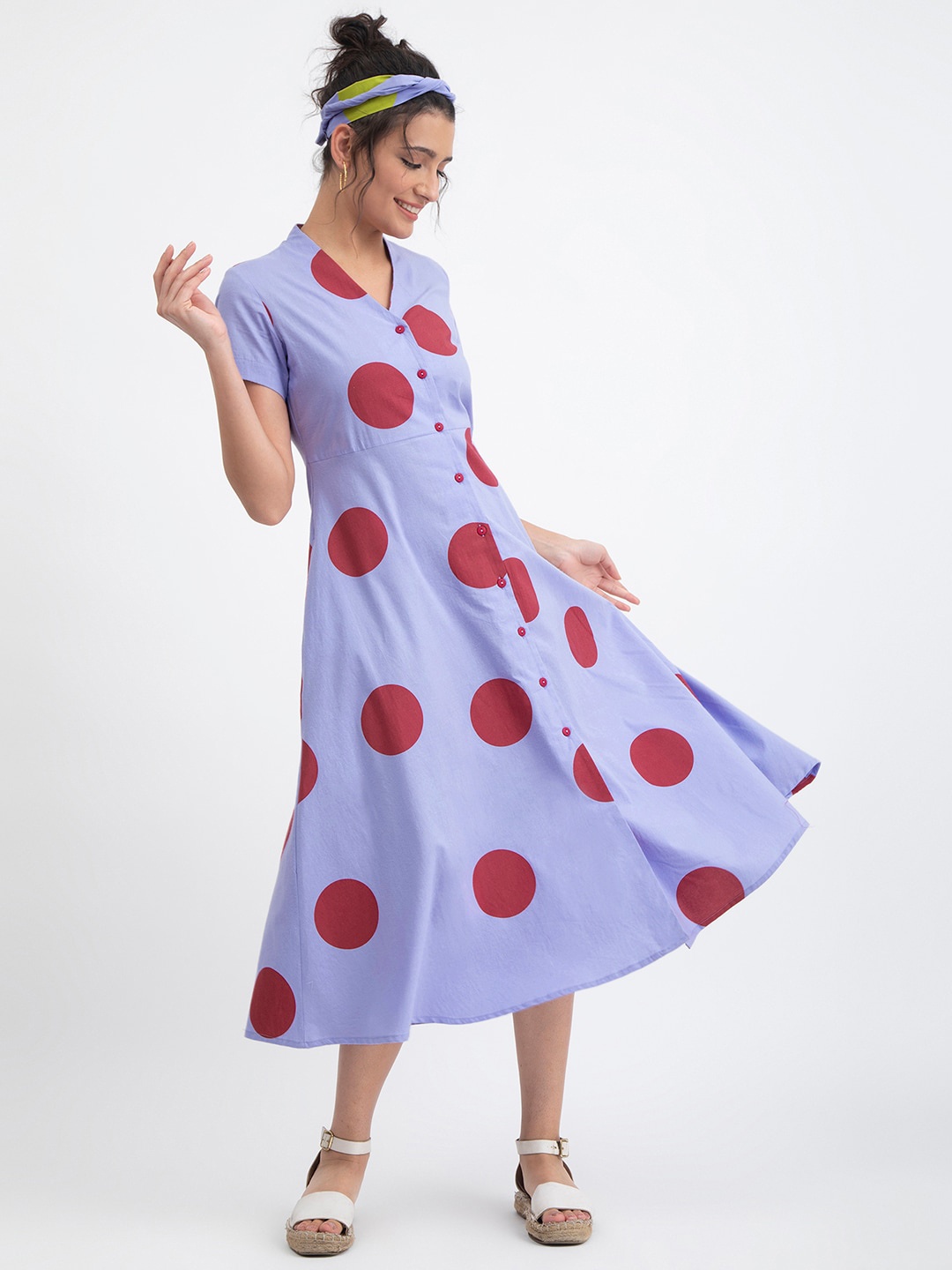 

Pink Fort Pink Polka Dot Print A-Line Midi Dress