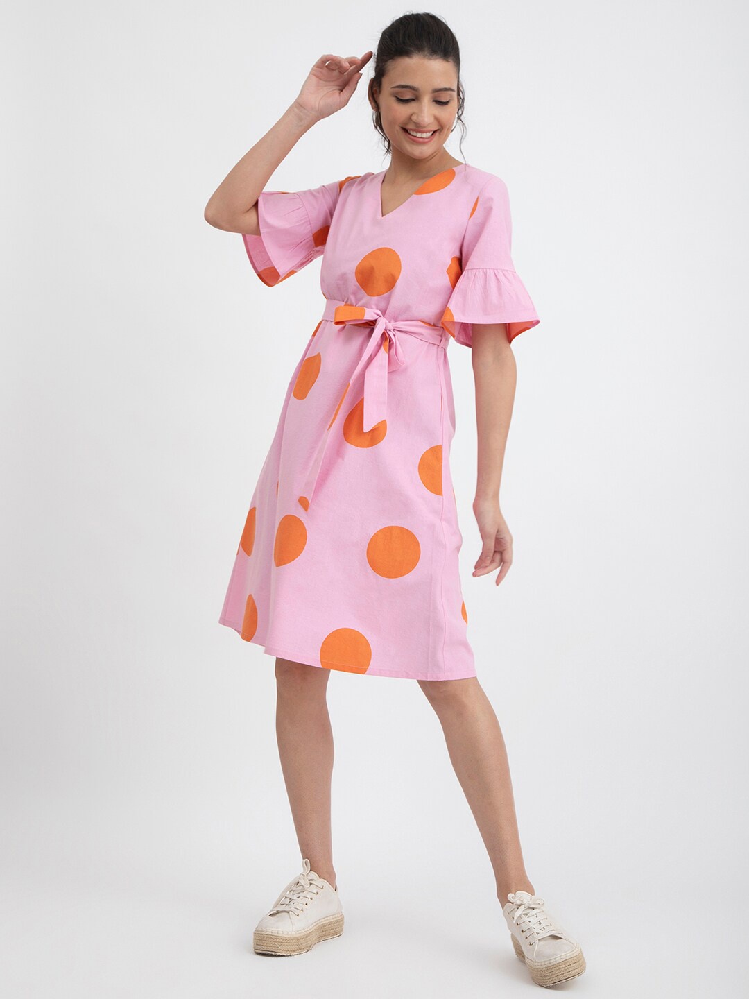 

Pink Fort Lavender Polka Dot Print Bell Sleeve Empire Dress