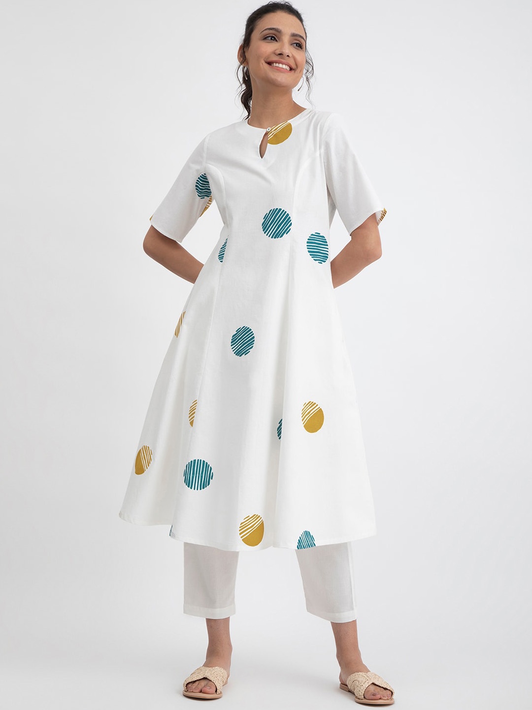 

Pink Fort Polka Dots Printed Cotton A-Line Kurta, White