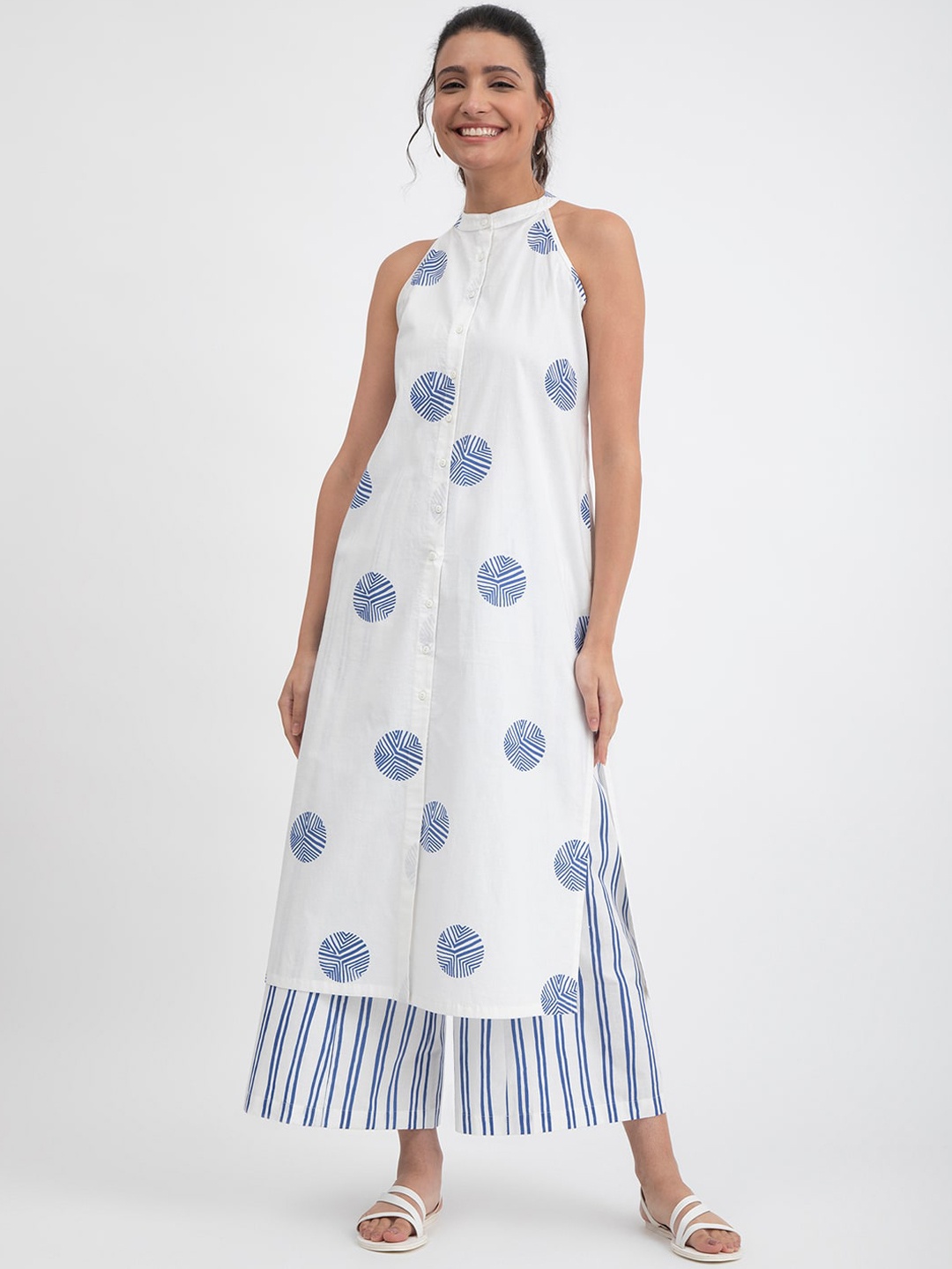 

Pink Fort Polka Dot Printed Halter Neck Pure Cotton Kurta, White