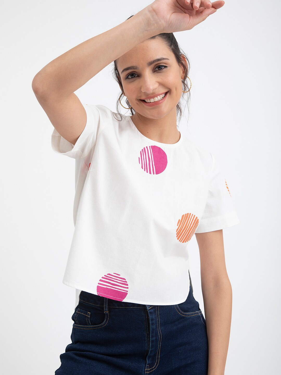 

Pink Fort Conversational Printed Round Neck Pure Cotton Top, White